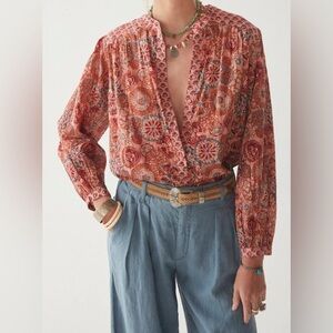 Maison Hotel Beatrice Blouse Rust Flamingo Boho Floral Cotton Top Size L
